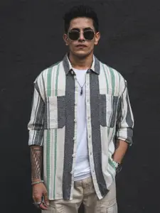 Powerlook Green & Grey Multi Striped Oversized India Slim Opaque Casual Shirt