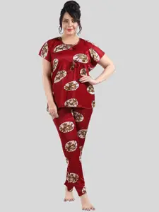 Fabme Floral Printed Short Sleeves Satin Kaftan Night Suit