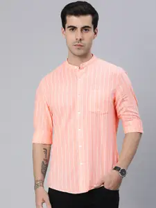 VASTRADO Men Classic Mandarin Collar Slim Fit Striped Casual Shirt