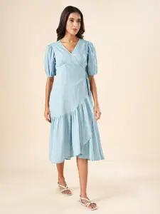 AKKRITI BY PANTALOONS V-Neck Puff Sleeve Cotton A-Line Midi Dress