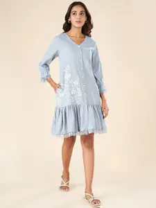 AKKRITI BY PANTALOONS Floral Embroidered V-Neck Cotton Drop-Waist Dress