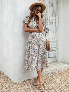 Fashion2wear Floral Printed Puff Sleeve Georgette Fit & Flare Dress