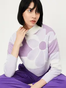 max Floral Printed Mock Collar Pure Acrylic Pullover