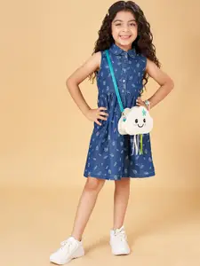 YU by Pantaloons Girls Floral Printed Shirt Collar Pure Cotton Fit & Flare Dress
