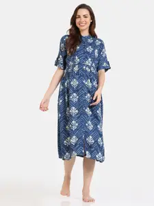 Coucou by Zivame Floral Printed Mandarin Collar Roll Up Sleeves Maternity Nightdress