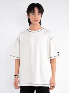 UNRL Printed Drop-Shoulder Sleeves Pure Cotton Relaxed Fit Longline T-shirt