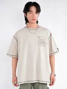 UNRL Floral Printed Drop-Shoulder Sleeves Pure Cotton T-shirt