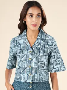 AKKRITI BY PANTALOONS Geometric Printed Lapel Collar Cotton Shirt Style Top
