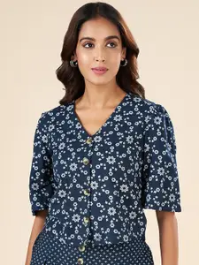 AKKRITI BY PANTALOONS Floral Printed V-Neck Cotton Shirt Style Top