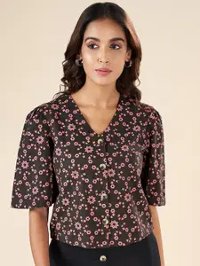 AKKRITI BY PANTALOONS Floral Printed V-Neck Puff Sleeves Cotton Shirt Style Top