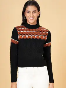 People Black & Red Cable Knit Turtle Neck Acrylic Pullover