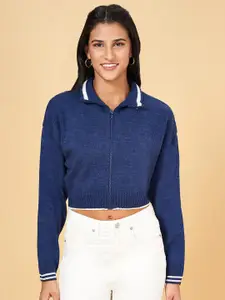 People Blue Acrylic Crop Front-Open Sweaters