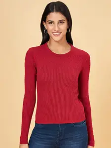 People Maroon Ribbed Pure Cotton Pullover