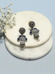 Biba Silver Plated Stone Studded & Beaded Oxidised Drop Earrings