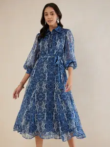 Femella Floral Printed Shirt Collar Puff Sleeve Tie Up Fit & Flare Midi Dress