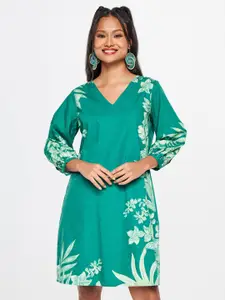 Global Desi Floral Printed Puff Sleeves Gathered Cotton A-Line Dress