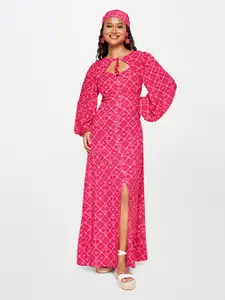 Global Desi Ethnic Motifs Printed Tie Up Neck Puff Sleeves Maxi Dress