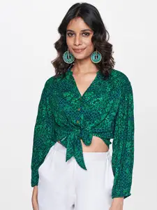 Global Desi Floral Printed Shirt Style Cuffed Sleeves Mandarin Collar Crop Top