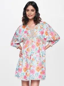 Global Desi Floral Printed Gathered Cuffed Sleeves Gathered A-Line Dress