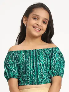 studio rasa Girls Bandhani Print Off-Shoulder Puff Sleeve Ethnic Bardot Crop Top