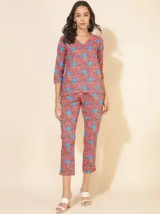 Janasya Floral Printed Pure Cotton Top & Trousers