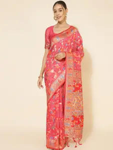 Janasya Pink & Blue Ethnic Motifs Woven Design Zari Pure Silk Chanderi Saree