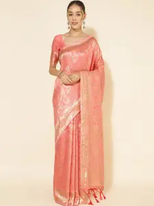 Janasya Peach-Coloured Ethnic Motifs woven Design Zari Pure Silk Chanderi Saree
