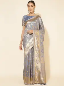 Janasya Ethnic Motifs Woven Design Zari Pure Silk Chanderi Saree