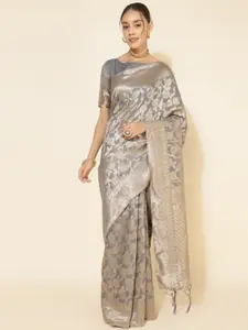Janasya Grey & Gold-Toned Woven Design Zari Pure Silk Chanderi Saree