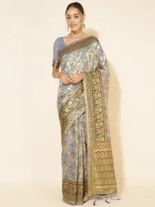 Janasya Ethnic Motifs Woven Design Zari Pure Silk Chanderi Saree