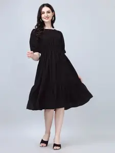 Femvy Round Neck Puff Sleeves Gathered Fit & Flare Dress