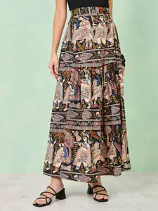Styli Ethnic Motifs Printed Cotton Maxi Flared Skirt