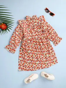 V-Mart Floral Printed High Neck Puff Sleeve Gathered Detail Cotton A-Line Dress