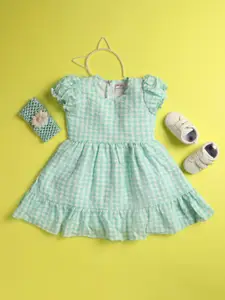 V-Mart Girls Checked Puff Sleeves Fit & Flare Dress