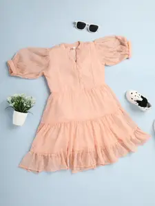 V-Mart Infants Girls Mandarin Collar Puff Sleeve Tiered Cotton Fit & Flare Dress