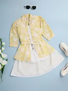 V-Mart Floral Printed Mandarin Collar Puff Sleeves Smocked Detail Cotton A-Line Dress
