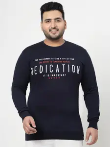 plusS Navy Blue Typography Printed Cotton Pullover Sweatshirt