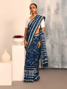 Indethnic Geometric Printed Zari Silk Cotton Bagru Saree