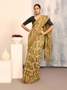 Indethnic Paisley Printed Zari Silk Cotton Bagru Saree