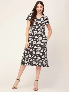 Moomaya Floral Printed V-Neck Short Sleeves A-Line Midi Dress