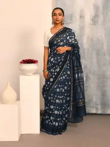 Indethnic Abstract Printed Zari Silk Cotton Bagru Saree