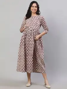 Nayo Beige Floral Printed Gathered Cotton Maternity Fit & Flare Midi Ethnic Dress