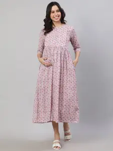 Nayo Off White Floral Printed Maternity Cotton A-Line Midi Dress