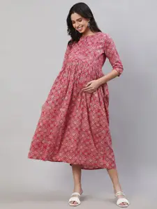 Nayo Pink Ethnic Motifs Printed Gathered Cotton Maternity Fit & Flare Midi Ethnic Dress