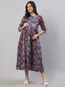 Nayo Floral Printed Gathered Detailed Cotton Maternity Fit & Flare Midi Ethnic Dress