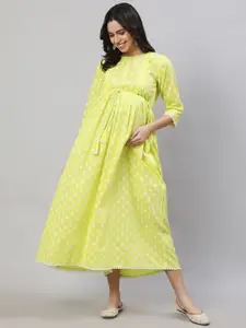 Nayo Yellow Ethnic Motifs Printed Gathered Cotton Maternity Fit & Flare Midi Ethnic Dress