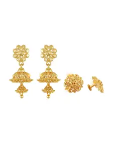 Vighnaharta Set Of 2 Gold-Plated Floral Jhumkas & Studs Earrings