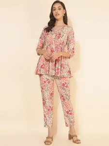 Janasya Floral Printed Top With Trousers