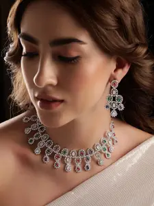 Rubans Rhodium-Plated Cubic Zirconia-Studded Statement Necklace and Earrings