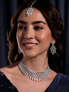 Rubans Rhodium-Plated CZ Studded Necklace & Earrings With Maang Tika